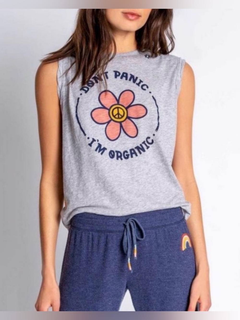 P.J. Salvage Don’t Panic I’m Organic Gray Tank Top